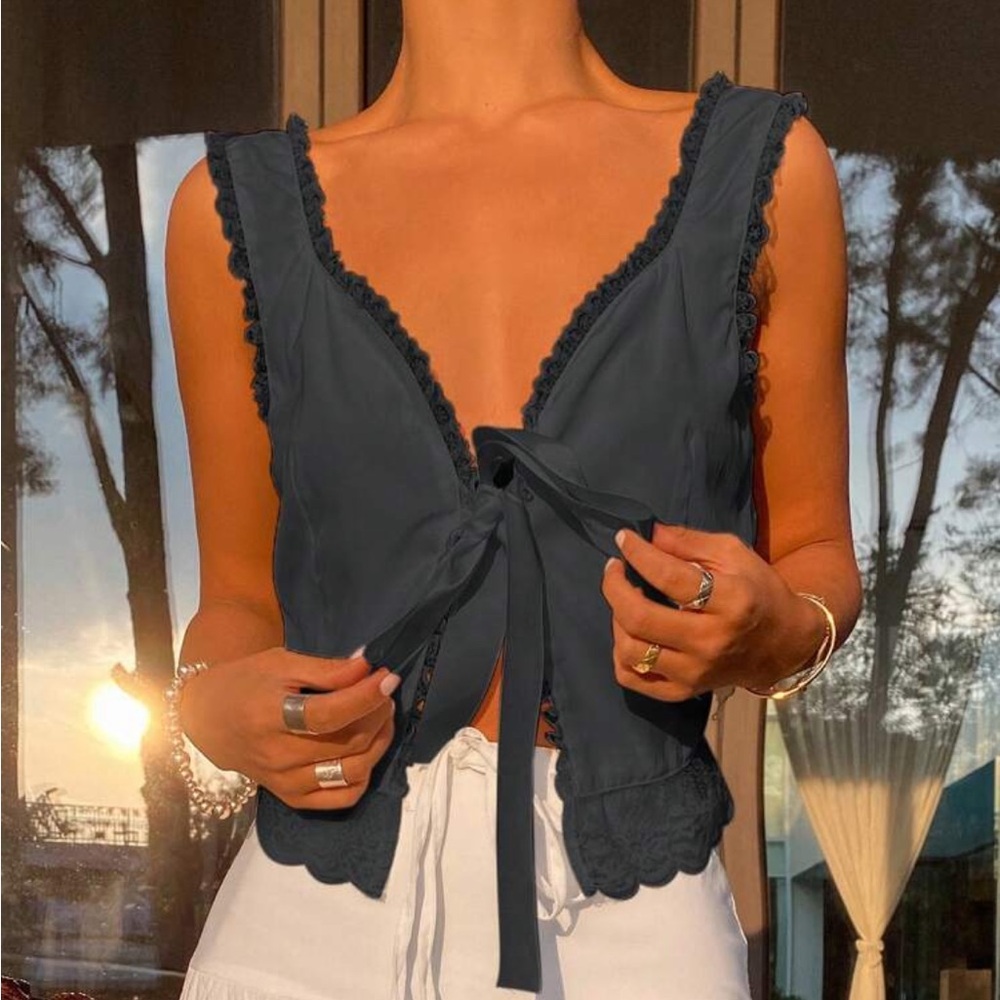 Blue/Gray Bow Top with Lace Details